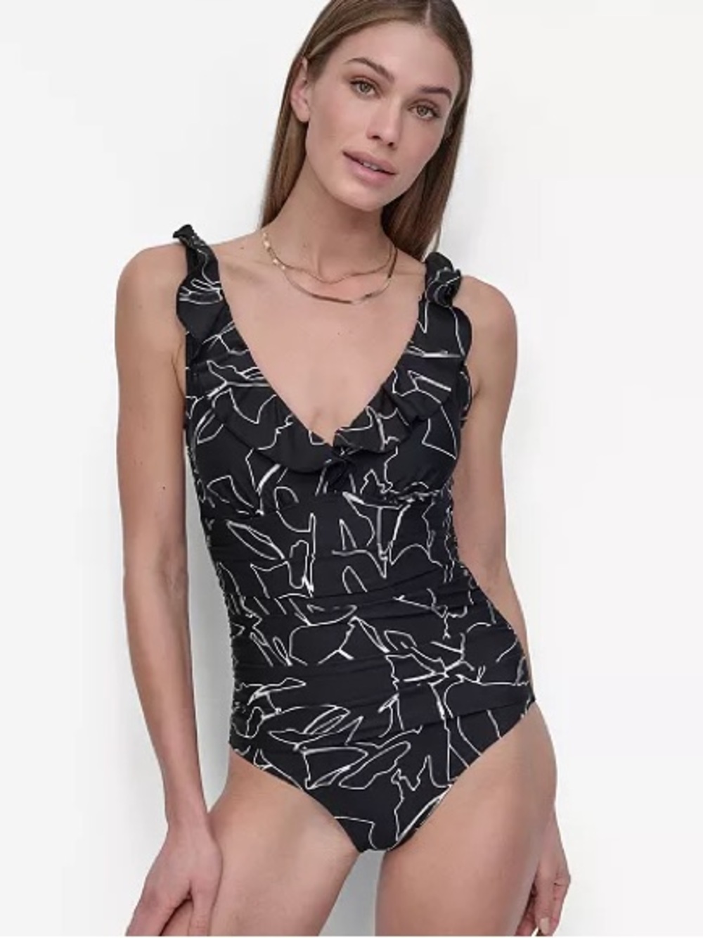 DKNY Ruffle Plunge Underwire Tummy Control One-Piece Swimsuit Size Medium - Picture 1 of 5
